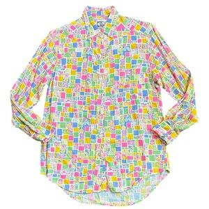 Vintage Abstract Color Pop Button-Down Shirt Women’s S Neon Floral 90s